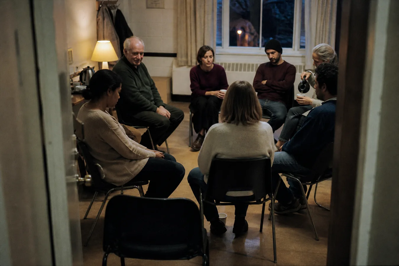 An ordinary peer-support meeting seen through a half-open doorway